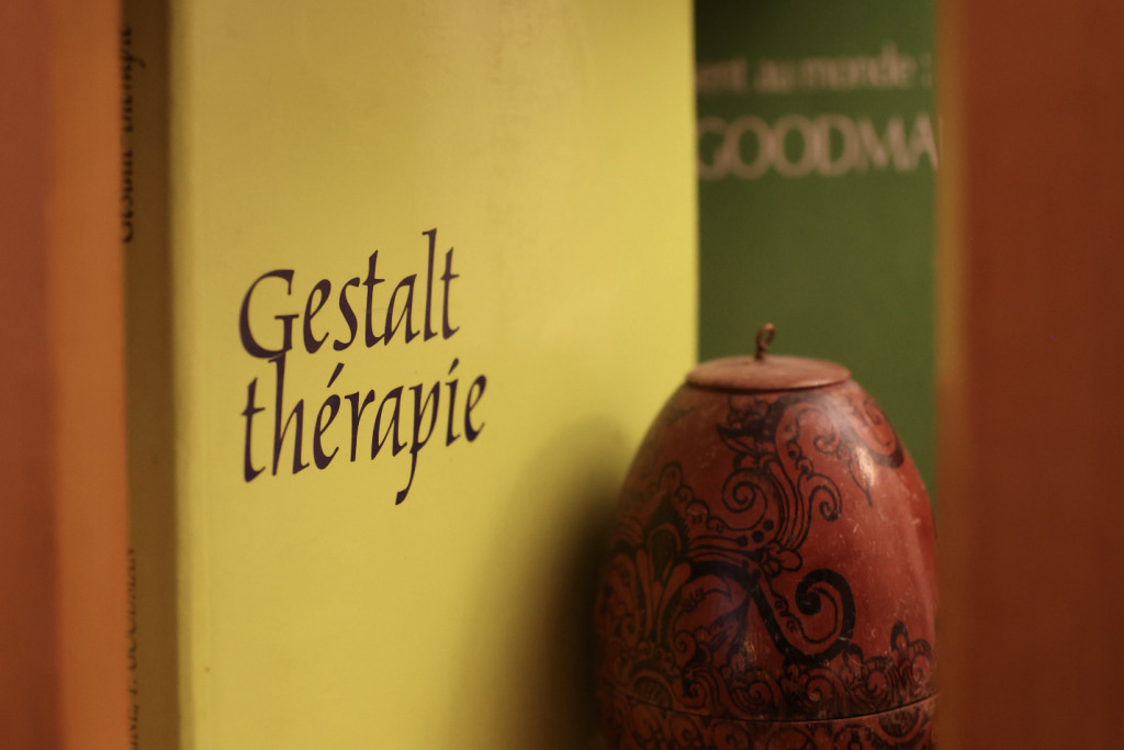 Livre intitulé “Gestalt Thérapie” posé sur une étagère avec un objet décoratif en bois